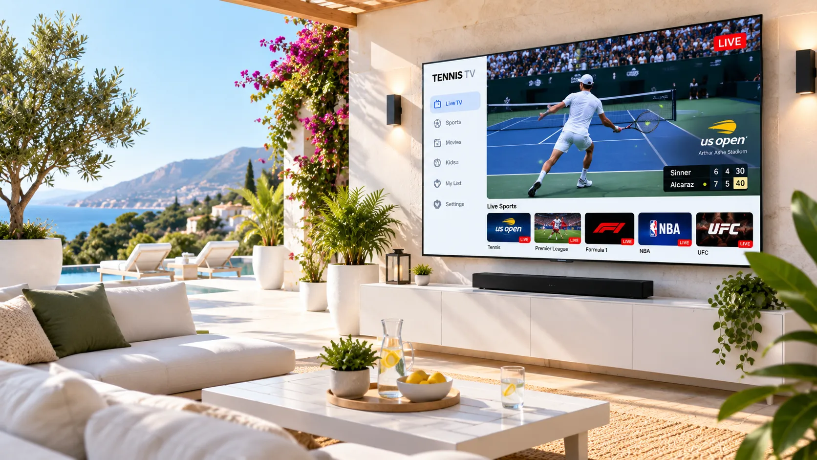 US IPTV channel guide showing American network and cable channels including ABC CBS NBC Fox ESPN on a smart TV